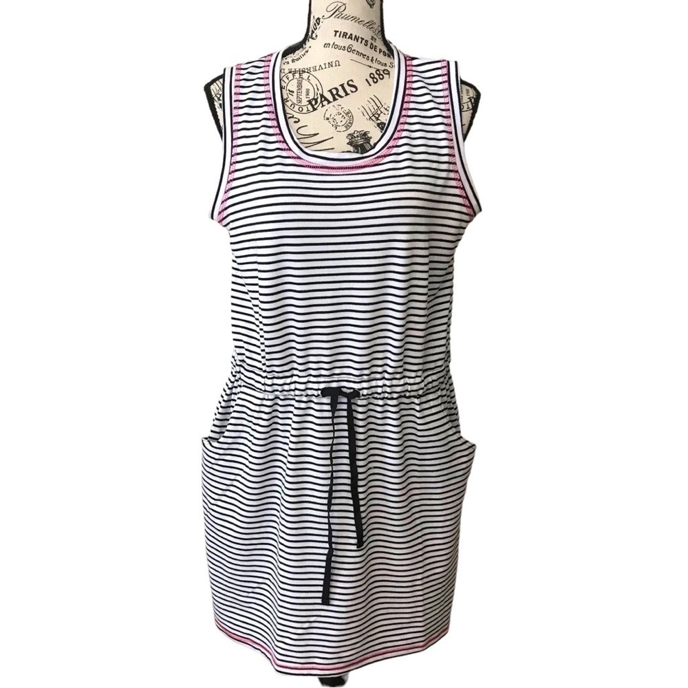 Kiwi & Punch Black White Striped Cinched Waist Sleeveless Summer Casual …